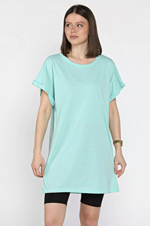 Kol Katlamalı Bisiklet Yaka Kadın Uzun Tişört (m-l-xl Uyumludur)