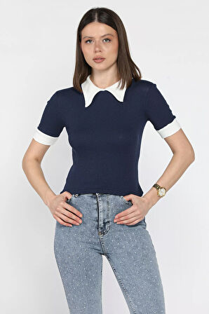 Kadın Polo Yaka Renk Garnili Kaşkorse Bluz