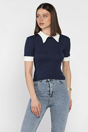 Kadın Polo Yaka Renk Garnili Kaşkorse Bluz