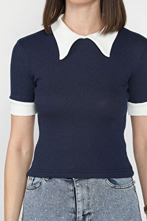 Kadın Polo Yaka Renk Garnili Kaşkorse Bluz