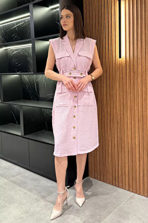 Kadın Kruvaze Yaka Kuşak Detaylı Boydan Düğmeli Elbise