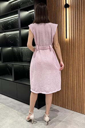 Kadın Kruvaze Yaka Kuşak Detaylı Boydan Düğmeli Elbise