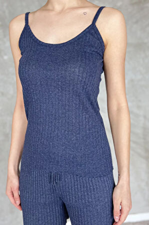 Kadın Kendinden Çizgi Desenli Şortlu İkili Takım