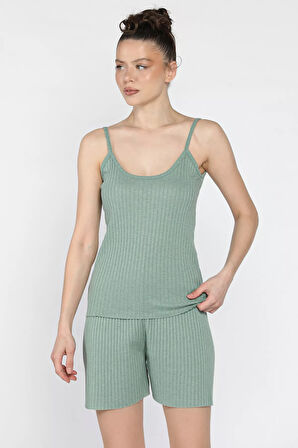 Kadın Kendinden Çizgi Desenli Şortlu İkili Takım