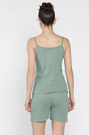 Kadın Kendinden Çizgi Desenli Şortlu İkili Takım