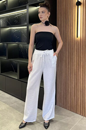 Kadın Yüksek Bel Cep Taşlı Palazzo Pantolon