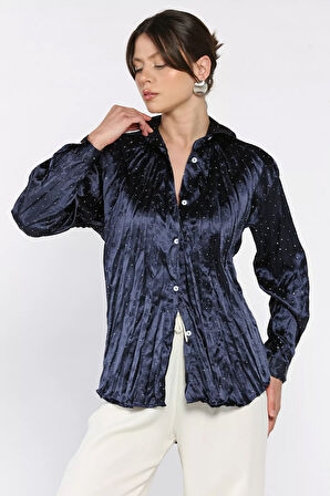 Kadın Taş İşlemeli Kırışık Saten Gömlek