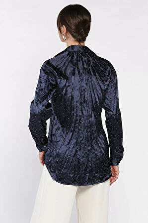 Kadın Taş İşlemeli Kırışık Saten Gömlek