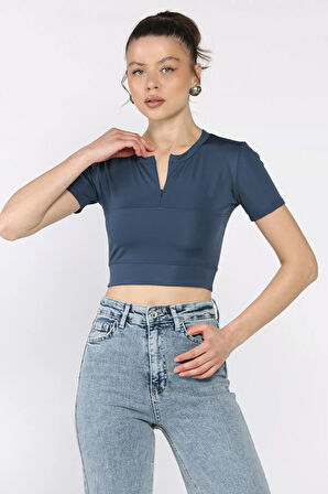 Kadın Ön Fermuarlı Modal Kumaş Crop Top Bluz