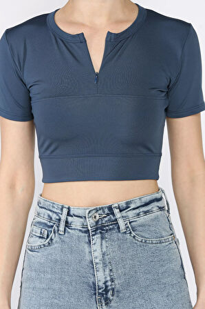 Kadın Ön Fermuarlı Modal Kumaş Crop Top Bluz