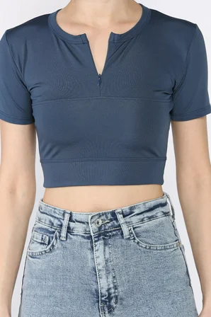 Kadın Ön Fermuarlı Modal Kumaş Crop Top Bluz