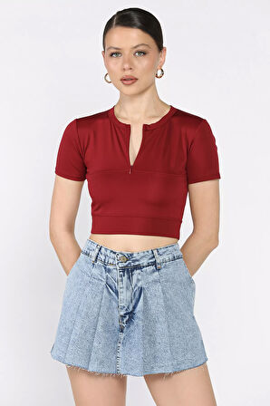 Kadın Ön Fermuarlı Modal Kumaş Crop Top Bluz
