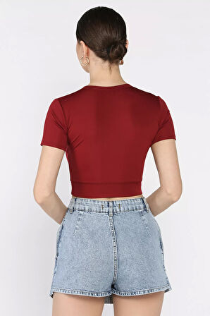 Kadın Ön Fermuarlı Modal Kumaş Crop Top Bluz