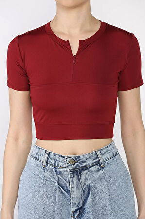 Kadın Ön Fermuarlı Modal Kumaş Crop Top Bluz