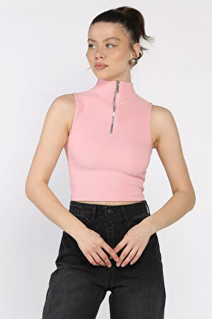 Kadın Yarım Fermuarlı Fitilli Crop Top Bluz