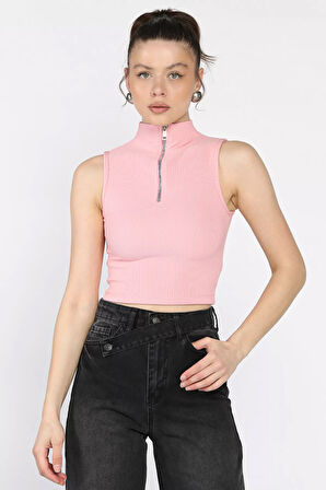 Kadın Yarım Fermuarlı Fitilli Crop Top Bluz