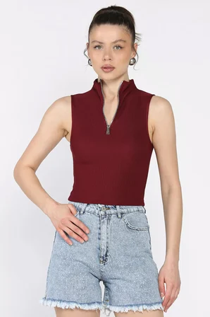 Kadın Yarım Fermuarlı Fitilli Crop Top Bluz