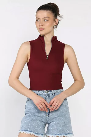 Kadın Yarım Fermuarlı Fitilli Crop Top Bluz