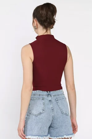 Kadın Yarım Fermuarlı Fitilli Crop Top Bluz