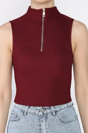 Kadın Yarım Fermuarlı Fitilli Crop Top Bluz