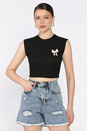 Kadın Japone Kol Fiyonklu Fitilli Crop Top Bluz