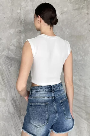 Kadın Japone Kol Fiyonklu Fitilli Crop Top Bluz