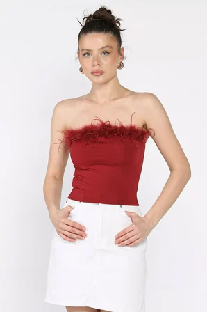 Kadın Ön Peluş Detaylı Straplez Crop Top Bluz