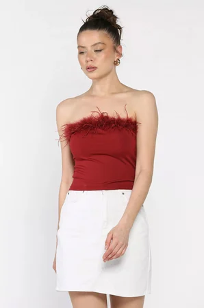 Kadın Ön Peluş Detaylı Straplez Crop Top Bluz