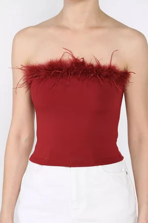 Kadın Ön Peluş Detaylı Straplez Crop Top Bluz