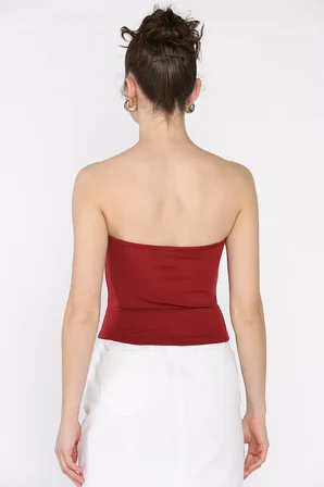 Kadın Ön Peluş Detaylı Straplez Crop Top Bluz