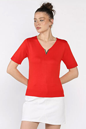 Kadın V Yaka Aksesuarlı Triko Bluz