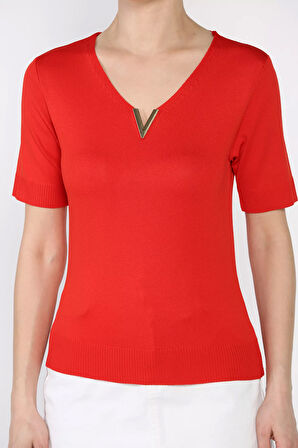 Kadın V Yaka Aksesuarlı Triko Bluz