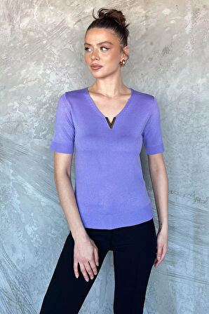 Kadın V Yaka Aksesuarlı Triko Bluz