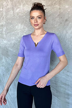 Kadın V Yaka Aksesuarlı Triko Bluz
