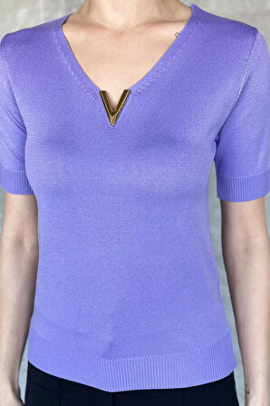 Kadın V Yaka Aksesuarlı Triko Bluz