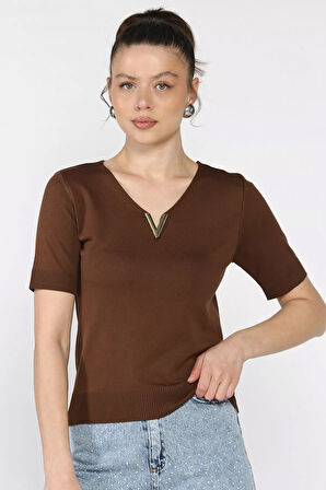 Kadın V Yaka Aksesuarlı Triko Bluz