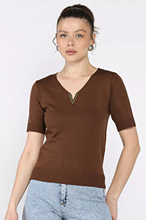 Kadın V Yaka Aksesuarlı Triko Bluz