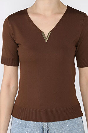 Kadın V Yaka Aksesuarlı Triko Bluz