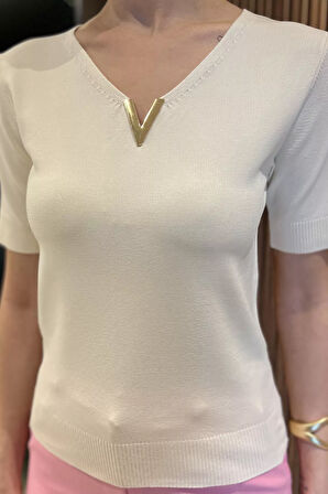 Kadın V Yaka Aksesuarlı Triko Bluz