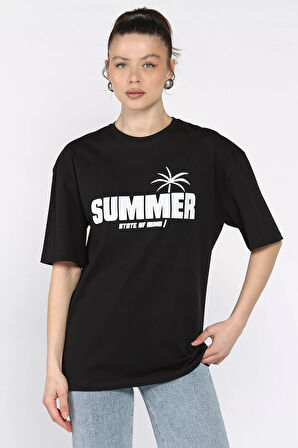 Bisiklet Yaka Baskılı Kadın Tişört