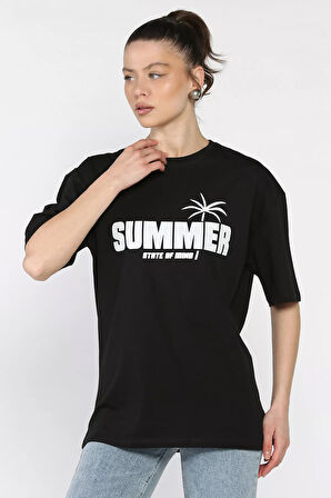 Bisiklet Yaka Baskılı Kadın Tişört