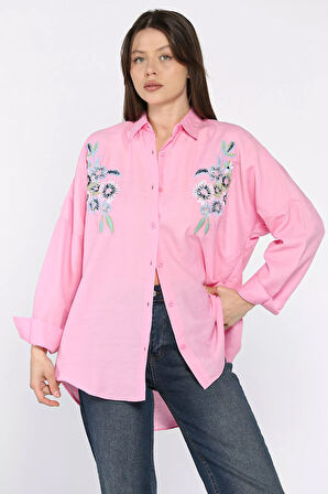 Kadın Çiçek Nakışlı Pul İşlemeli Salaş Gömlek