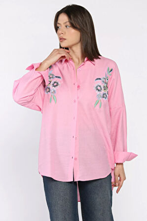 Kadın Çiçek Nakışlı Pul İşlemeli Salaş Gömlek