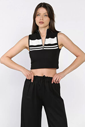 Kadın Yarım Fermuarlı Şerit Desenli Crop Top Bluz