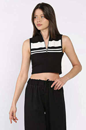 Kadın Yarım Fermuarlı Şerit Desenli Crop Top Bluz