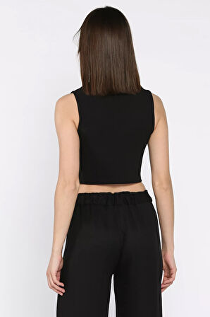 Kadın Yarım Fermuarlı Şerit Desenli Crop Top Bluz