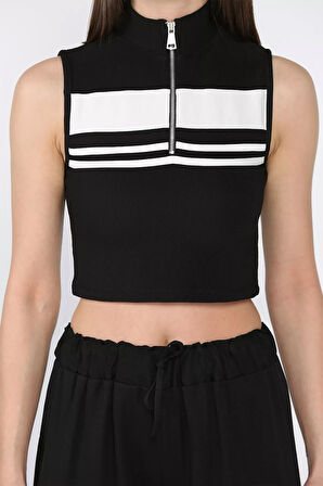 Kadın Yarım Fermuarlı Şerit Desenli Crop Top Bluz