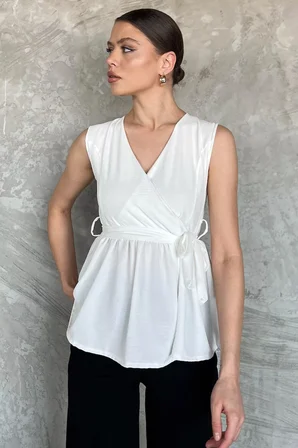 Kruvaze Yaka Bel Lastikli Sıfır Kol Kadın Bluz