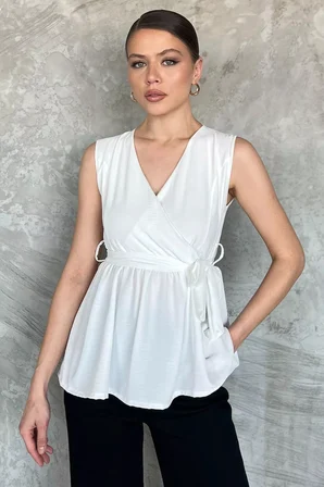 Kruvaze Yaka Bel Lastikli Sıfır Kol Kadın Bluz