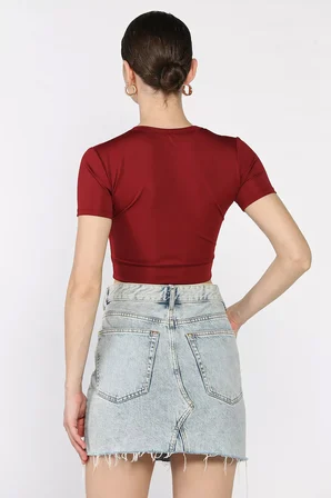 Kadın Bisiklet Yaka Likralı Crop Top Bluz